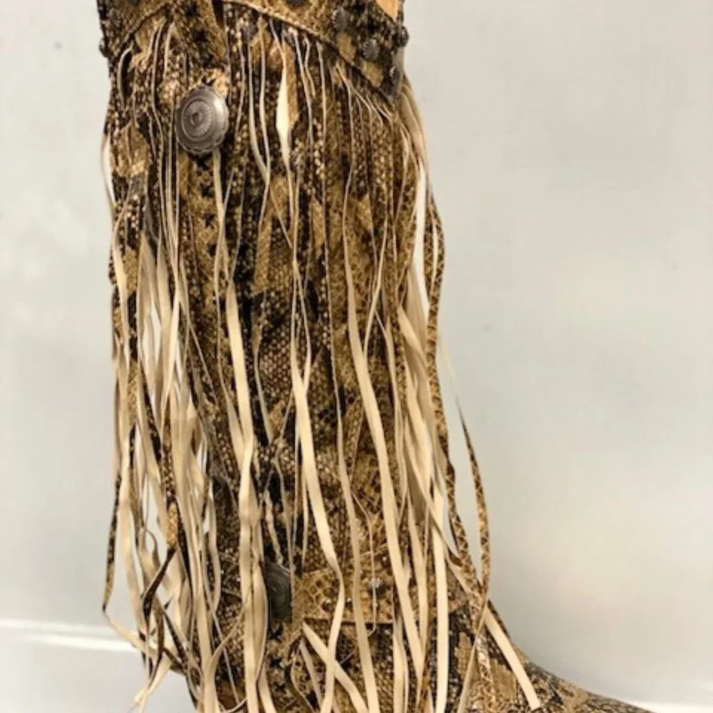 Brown Snake Fringed Cowboy Boots by L&B - Picture 5 of 6